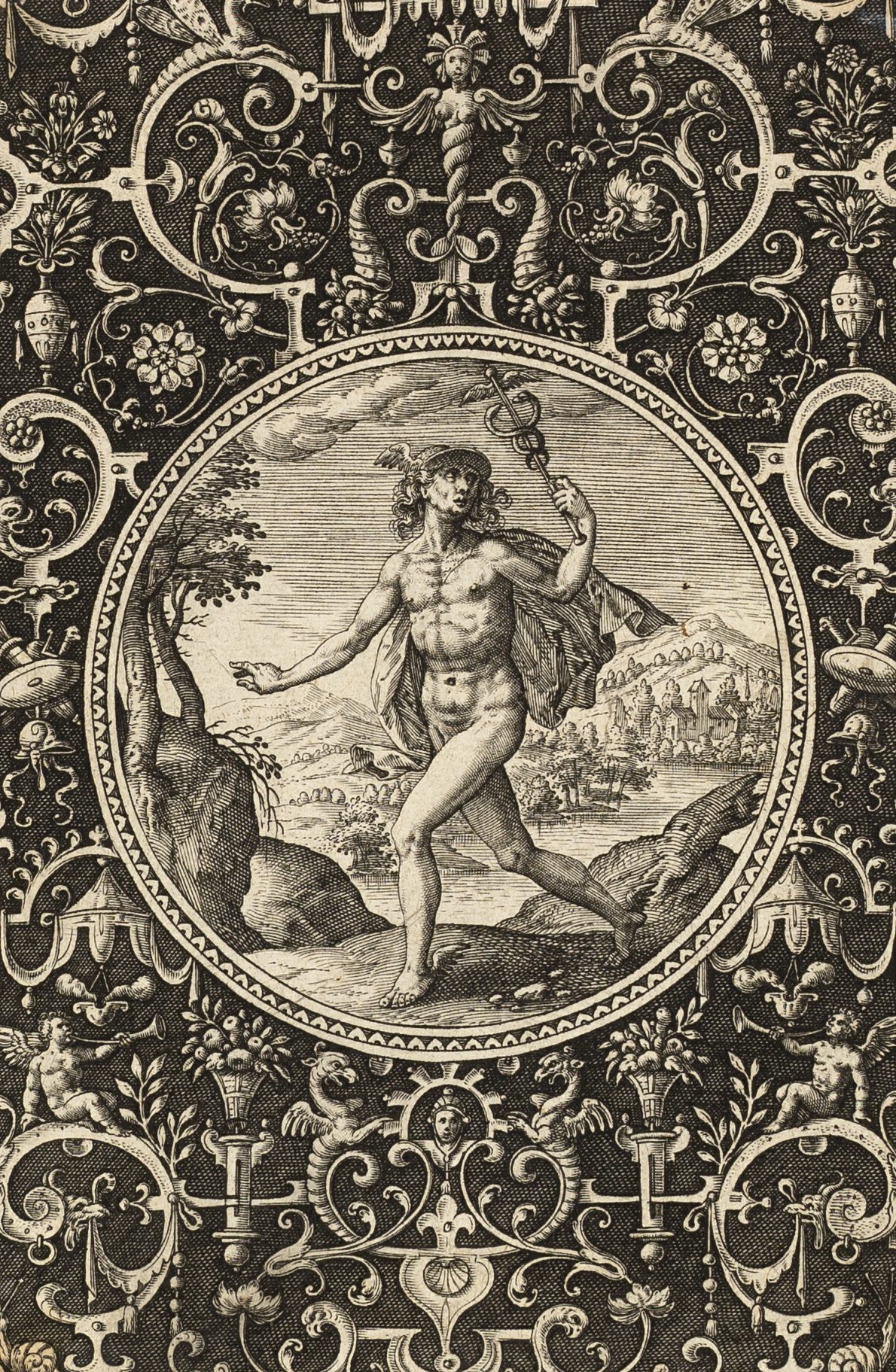 A print of the Greek god Mercury surrounded by an elaborate scroll design, in black and white colors.
