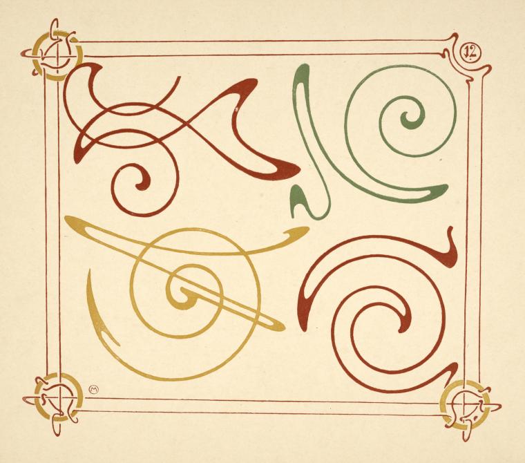 Four swirled shapes in yellow, red, and blue colors on a beige background.